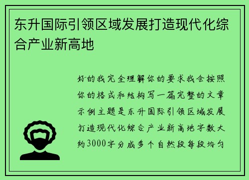 东升国际引领区域发展打造现代化综合产业新高地